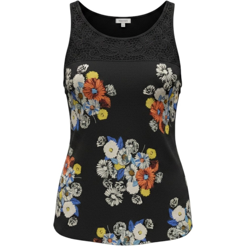 Weston Womens Floral Striped Mixed Media Tank Top Black Lace Yoke Large
